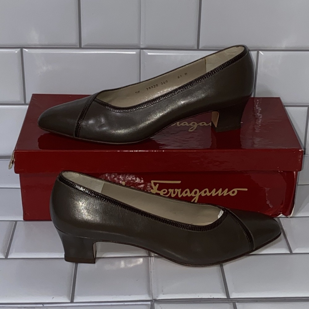 SALVATORE FERRAGAMO Women's Kitten Pump 1.75" Heels Brown Leather size 6.5 - Picture 2 of 8